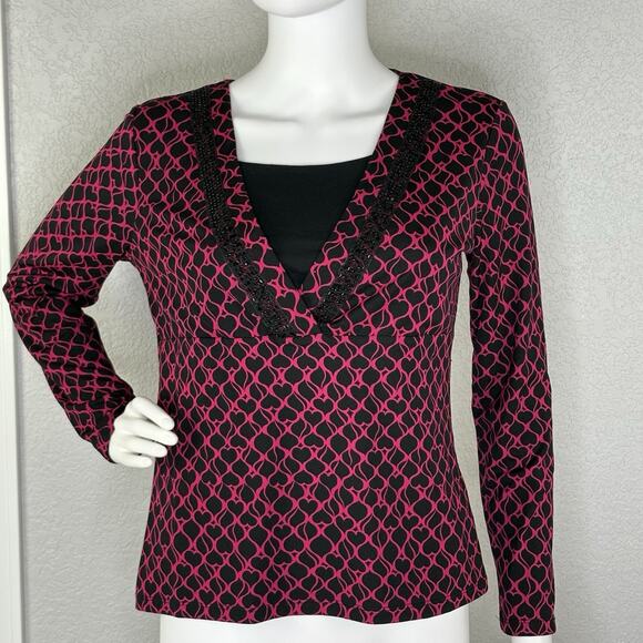 Y2K Babydoll Top Sz Petite S Beaded Whimsygoth Hot Pink Black Fairy Hearts - Picture 2 of 7